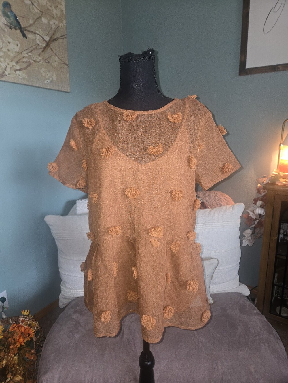 NWT entro Orange Textured Pom-Pom Short Sleeve Tunic
